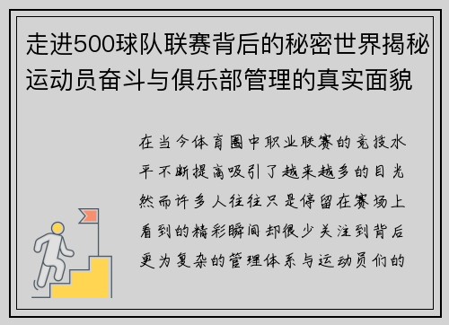 走进500球队联赛背后的秘密世界揭秘运动员奋斗与俱乐部管理的真实面貌