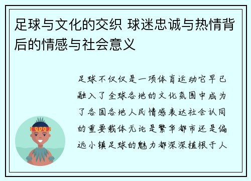 足球与文化的交织 球迷忠诚与热情背后的情感与社会意义